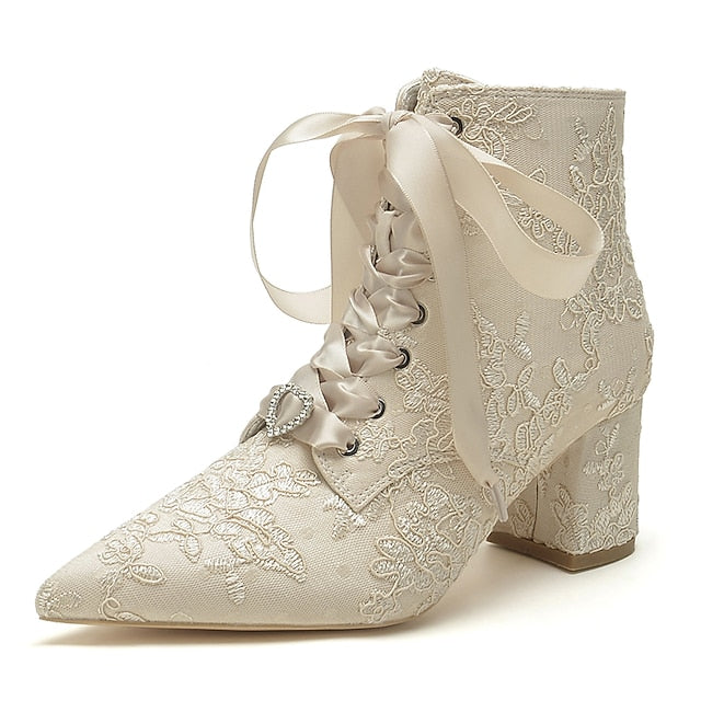 Lace-Up Embroidered Floral White – Women's Bridal Booties