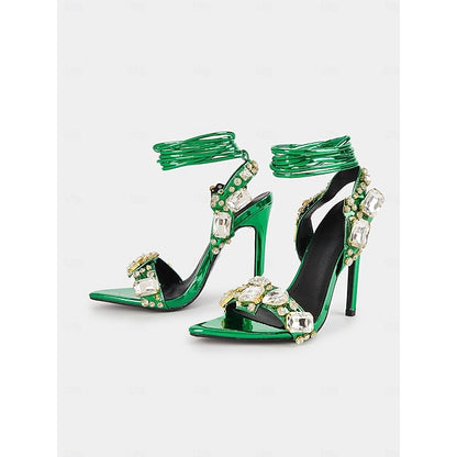 Stiletto Green Women's Heels Lace-Up with Metallic