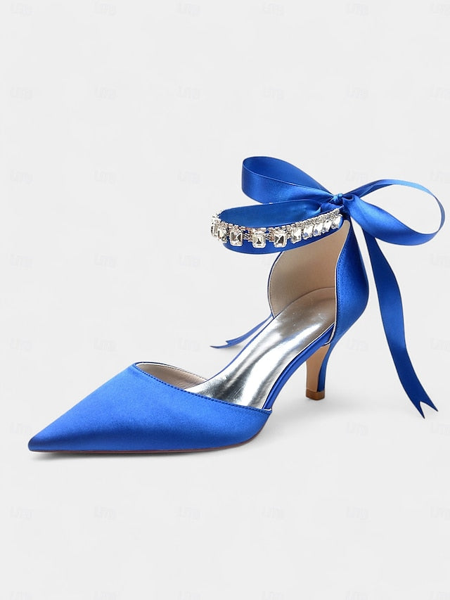 Strap Blue Heels Satin with Ankle Rhinestone and Pointed-Kitten