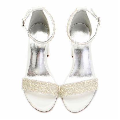 Women's White Block Strap Ankle Embellished Pearl Ivory