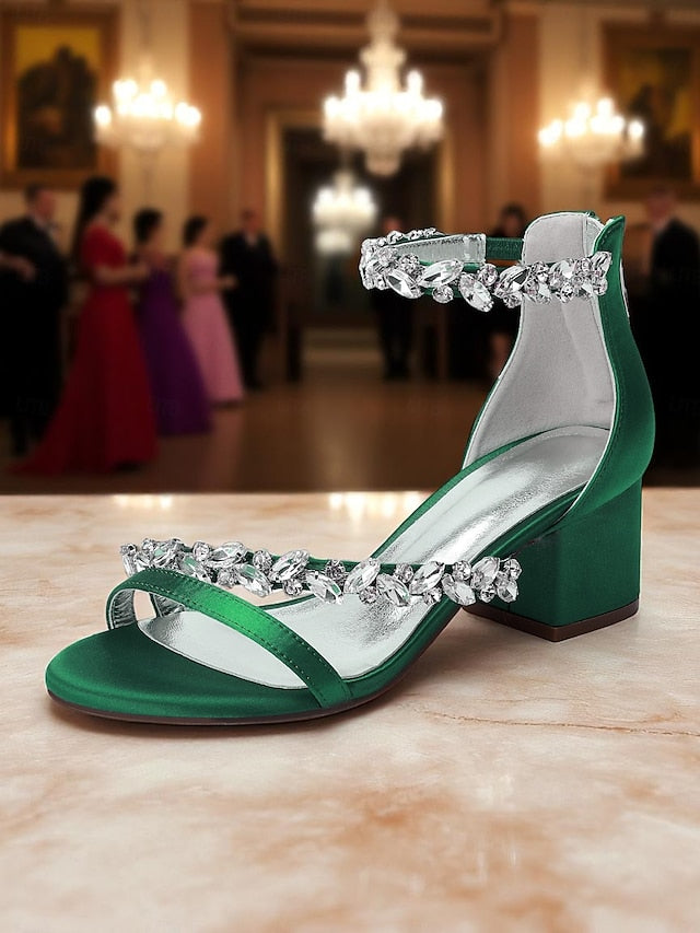 Purple Satin Crystal Sandals - Women's Heel Block
