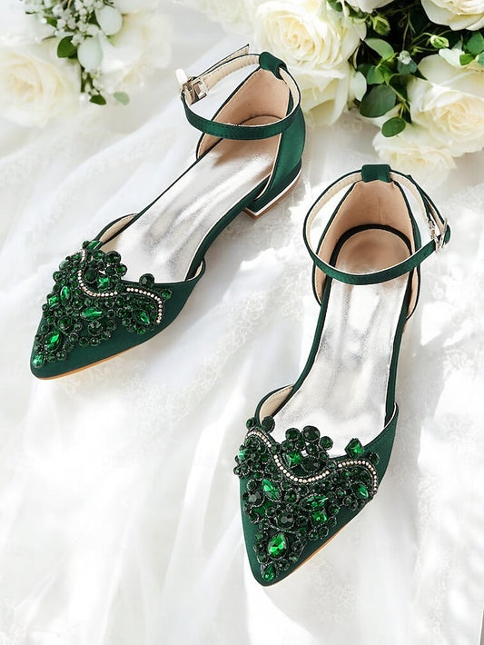 – Gemstone Vintage Pointed-Toe Style Green Embellished Flats