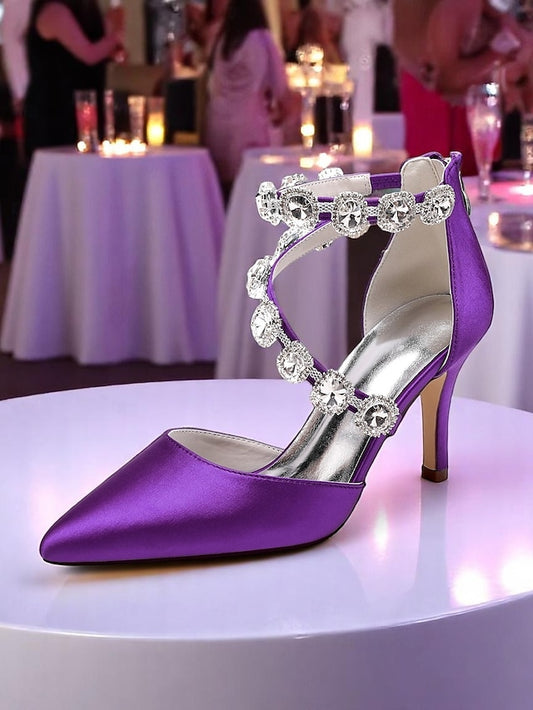 Satin Ankle Heels Crystal with Women's Purple Stiletto
