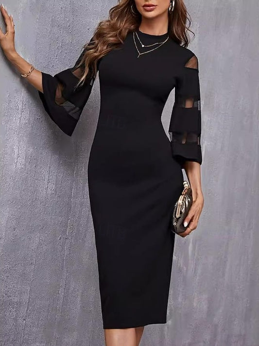 Women's Black Dress Midi Dress Mesh Patchwork Date Elegant