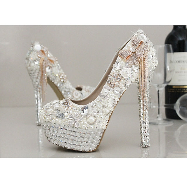 Women's White Platform Pearl Rhinestone Embellished and