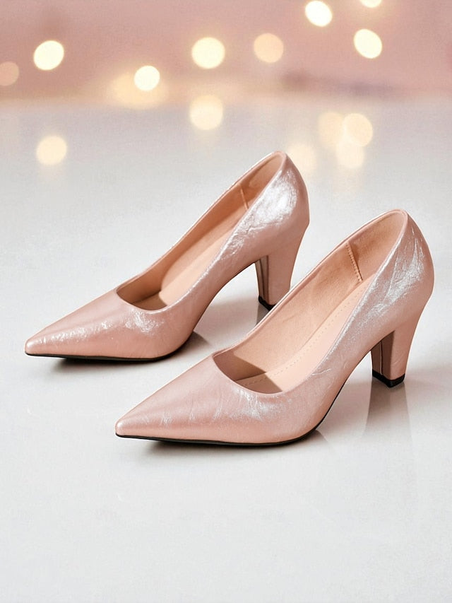 Women's Pumps Heel Block Pointed Nude - Glossy Party Toe