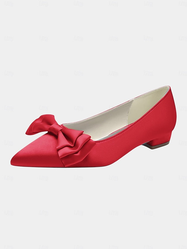 Satin Toe Pointed Green Bow Elegant - Women's Flats