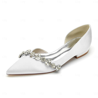 Toe White Shoes with Pointed Wedding Satin Flat and Crystal