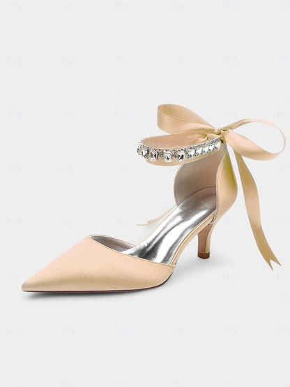 Strap Blue Heels Satin with Ankle Rhinestone and Pointed-Kitten