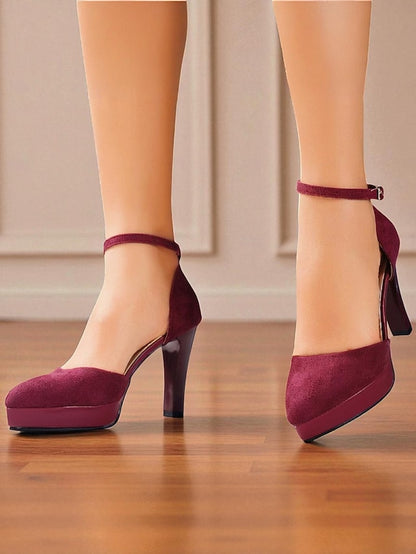 High 1950s Women's Ankle Heel Suede Strap Platform Burgundy