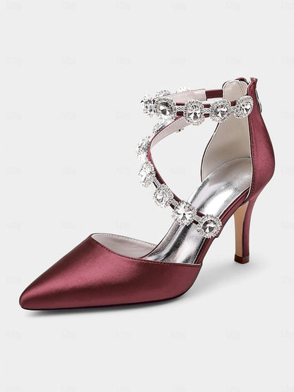 Satin Ankle Heels Crystal with Women's Purple Stiletto