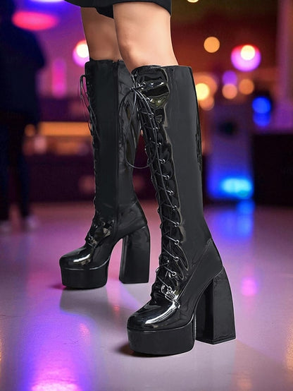 Lace-Up Platform Metallic - Women's Boots High Knee Silver