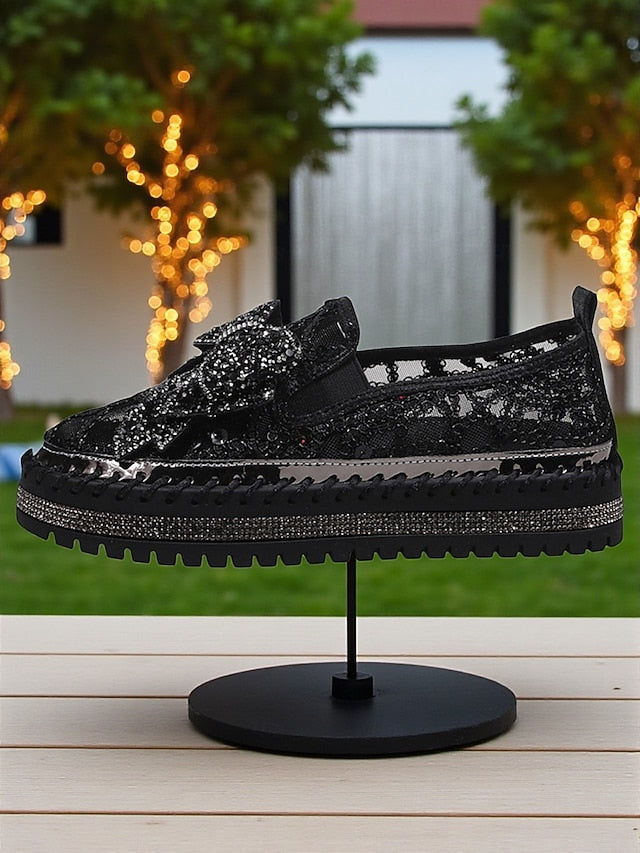 Women's Rhinestone Bow Lace with Slip-On Black Shoes