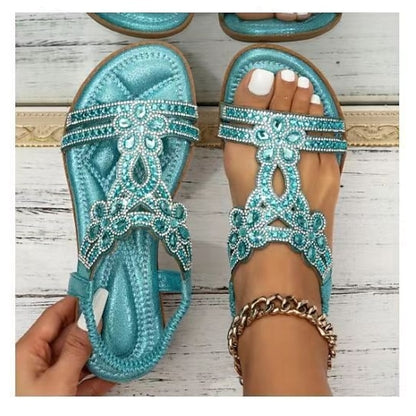 Flat Sandals Silver Women's – T-Strap Rhinestone Boho