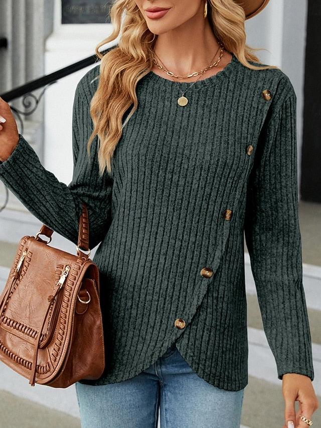 Women's Blouse Solid Color Stylish Casual Long Sleeve Crew