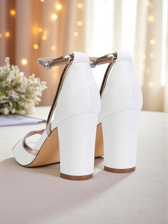 Heel Sandals Women's Metallic White Strap Block with Ankle