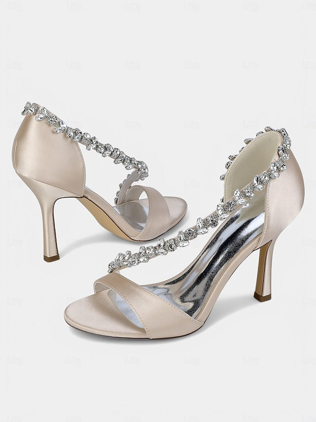 Crystal Heels T-Strap Women's Champagne – with Satin High