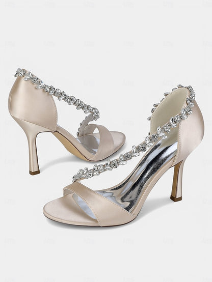 Crystal Heels T-Strap Women's Champagne – with Satin High