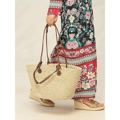 Tote Boho Leather Straps Women's Large Bag Chic Straw with