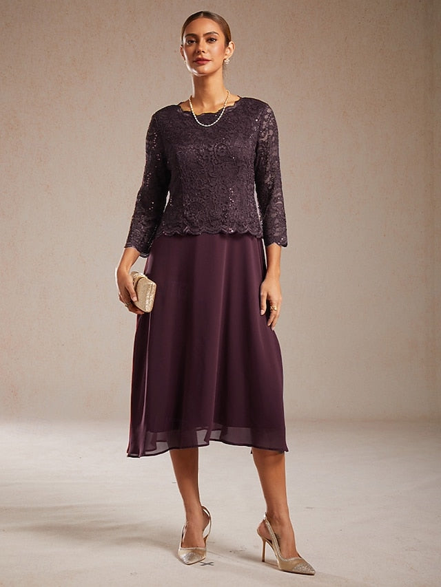 Women's Midi Dress Chiffon Dress Elegant Solid Color 3/4