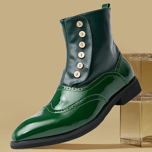 Wingtip Leather Button Vintage Stylish Green Boots - Men's