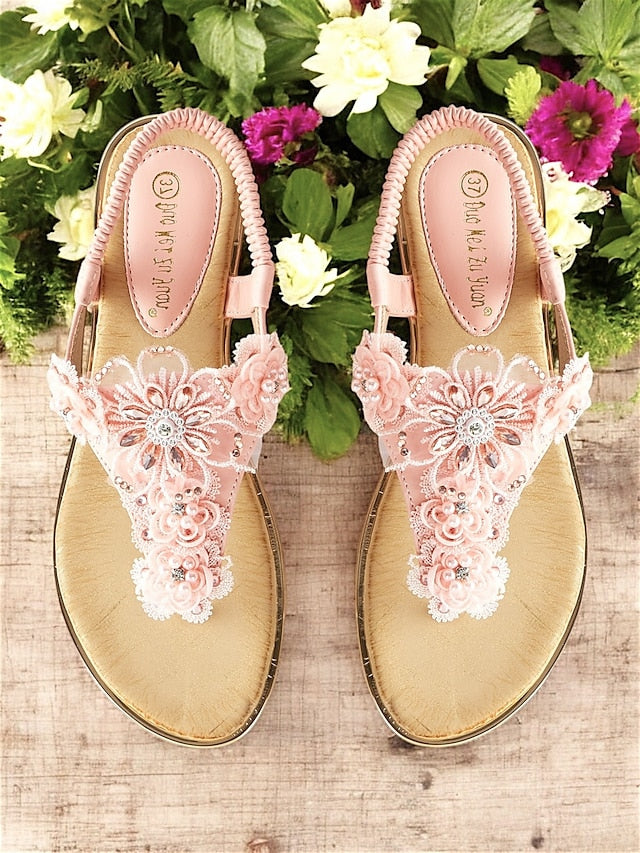 Women's T-Strap Lace Sandals Floral Embellished Pink –