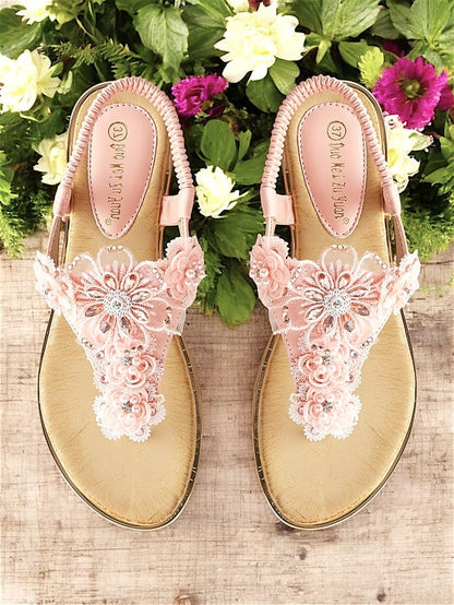 Women's T-Strap Lace Sandals Floral Embellished Pink –