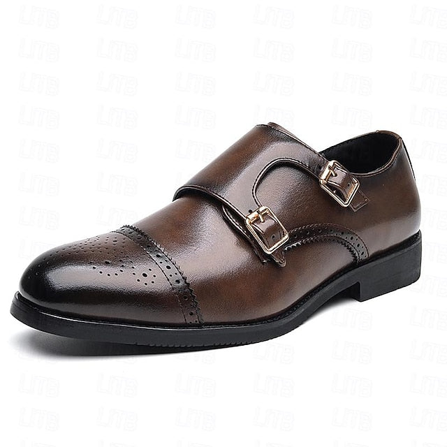 Shoes Men's Double Strap Leather with Faux Brown Monk