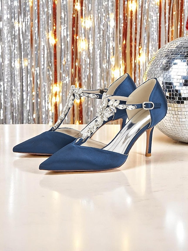 Blue – Satin Pointed Toe Heels Navy T-Strap Women's