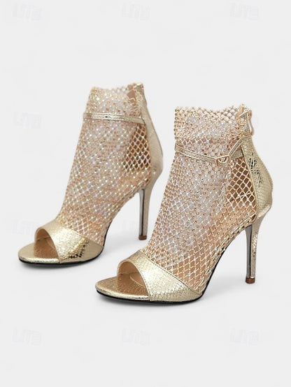 – Gold Mesh Open-Toe Glitter Sandals Women's Stiletto