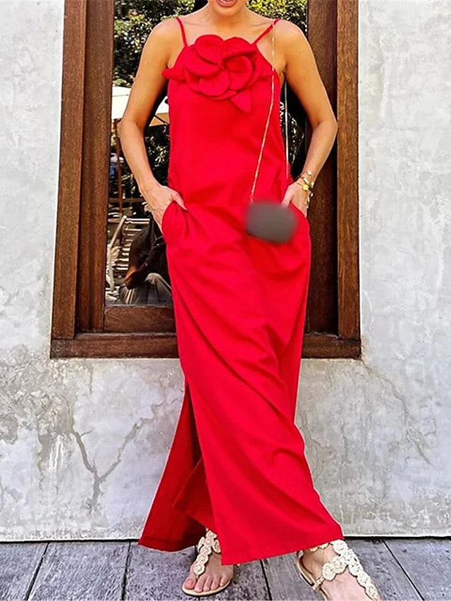 Women's Black Red Apricot Summer Spring Maxi Dress Cotton