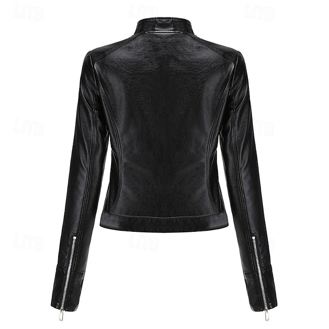 Faux Comfortable Pocket Women's Leather Jacket Zipper