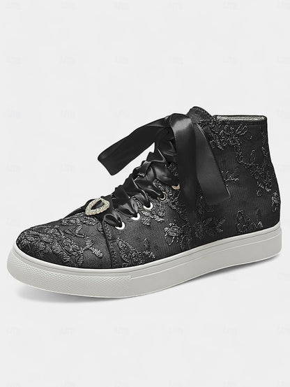 Women's Wedding Sneakers Ribbon Lace Satin with Ivory Laces