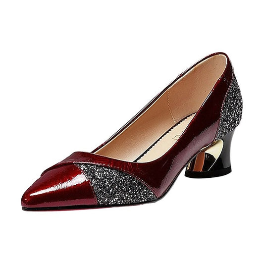 Patent Women's Heels Block Leather Faux Glitter-Accented