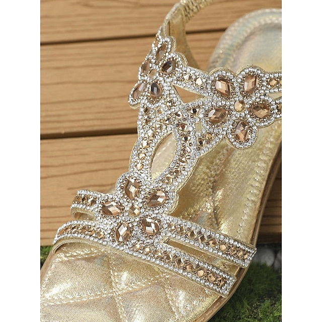 Flat Sandals Silver Women's – T-Strap Rhinestone Boho