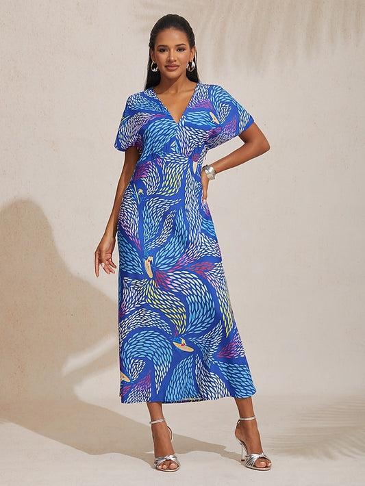 Satin Abstract Block Print Maxi Dress Vacation Party