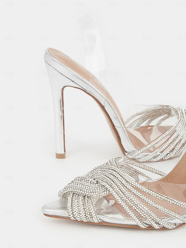 Sandals Stiletto Silver with Transparent Rhinestone – Straps