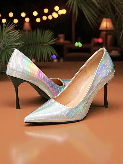 Pointed Glossy Toe Heels with Holographic Women's Stiletto