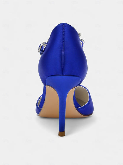 – Blue Navy Pointed Toe Women's Heels T-Strap Satin