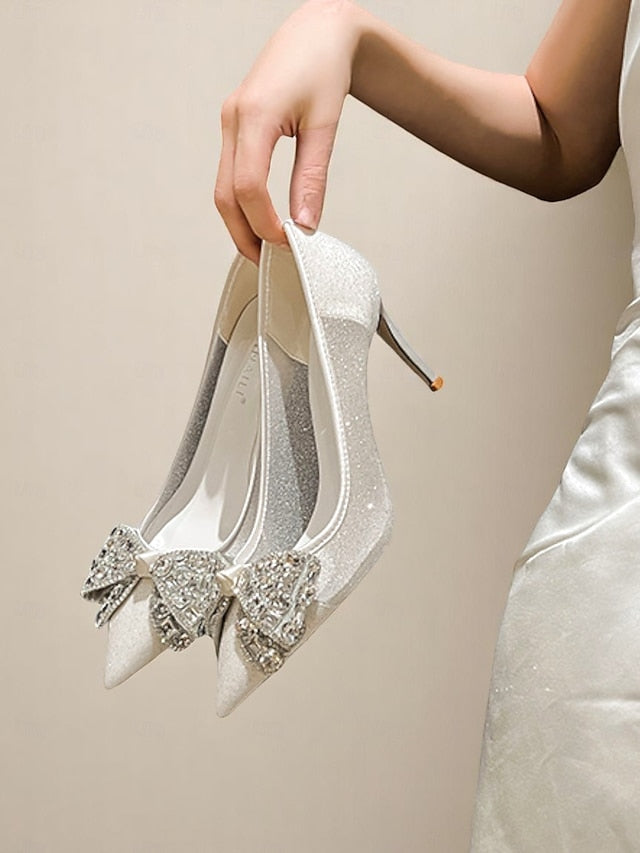 Women's Heels Bow Rhinestone High with Glitter