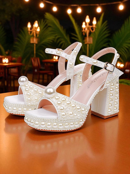 Women's Heel Platform White Embellished Sandals Pearl Block