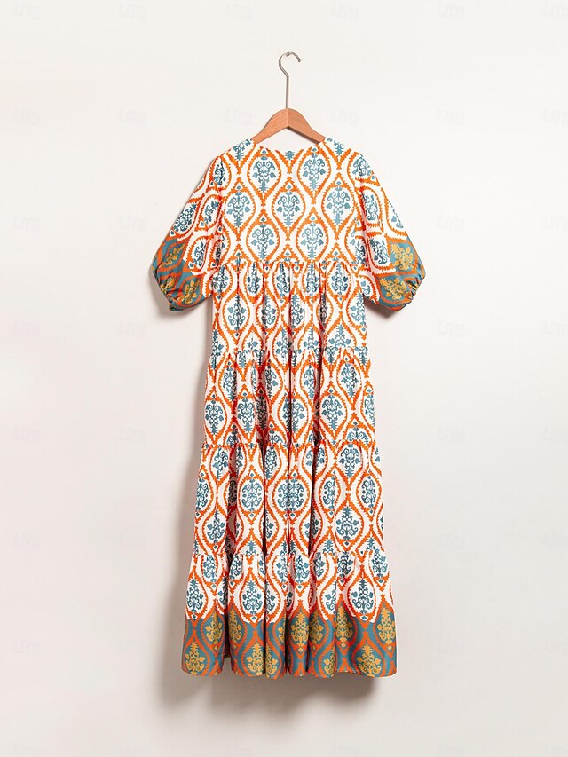 Satin Rainbow Totem Print Swing Maxi Dress