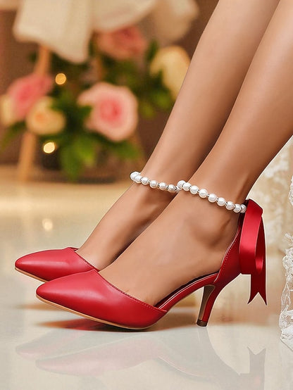 Ankle with Strap Bow Women's Pearl Heel - Kitten Pumps Blue