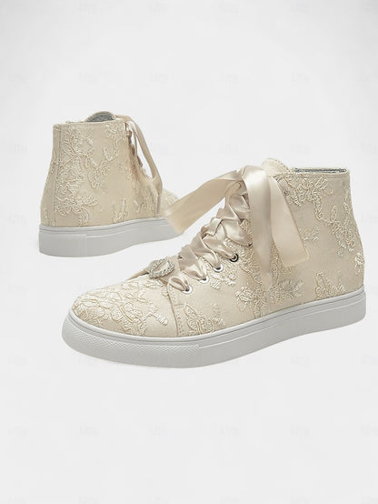 Women's Wedding Sneakers Ribbon Lace Satin with Ivory Laces