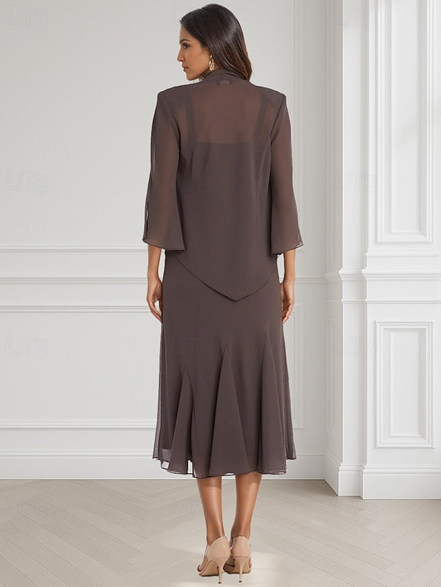 Dress Mother Two Piece the Neck Square A-Line of Bride Elegant