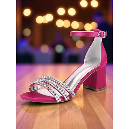 with Sandals Women's Block Heel Purple Rhinestone Satin