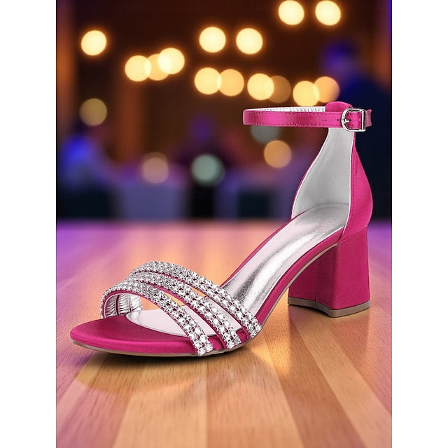 Purple Block with Heel Rhinestone Satin Sandals Women's