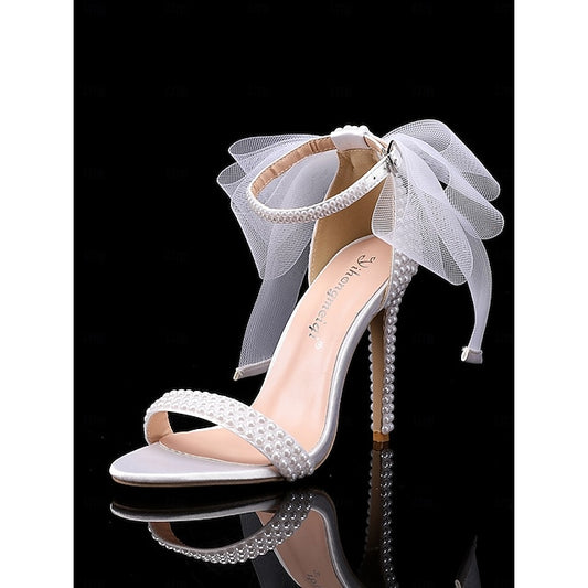 White Wedding Women's and Bow Heels with Embellished Pearl