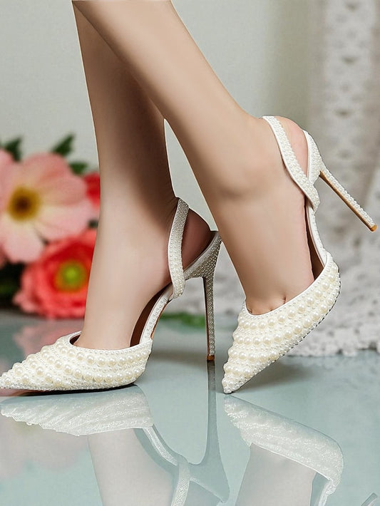 Pearl-Embellished Women's Leather Heels White - Slingback