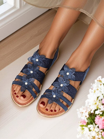 Women's Beige Sandals Floral Flat Elegant – Rhinestone